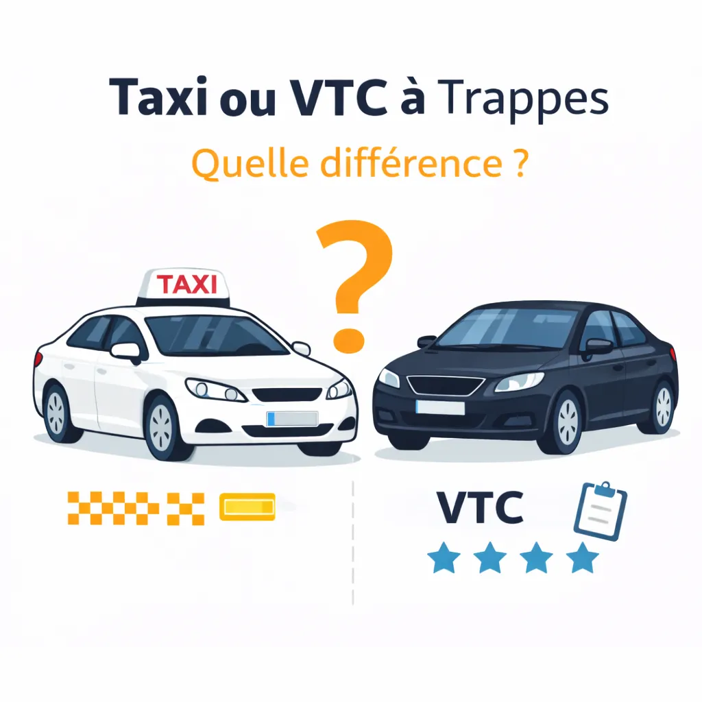 Illustration comparative entre un taxi et un VTC, mettant en évidence les différences de fonctionnement, de réservation, de réglementation et de services proposés aux passagers